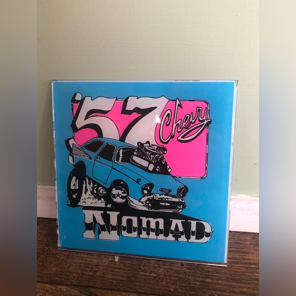 57 Chevy Nomad Dragster Carnival Fair Glass Prize 6x6” Tile, Blue Pink